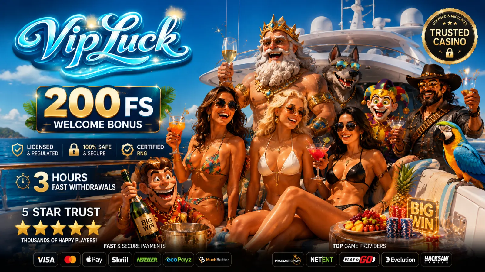 VipLuck — 200 FS welcome bonus, licensed and secure, 3-hour withdrawals